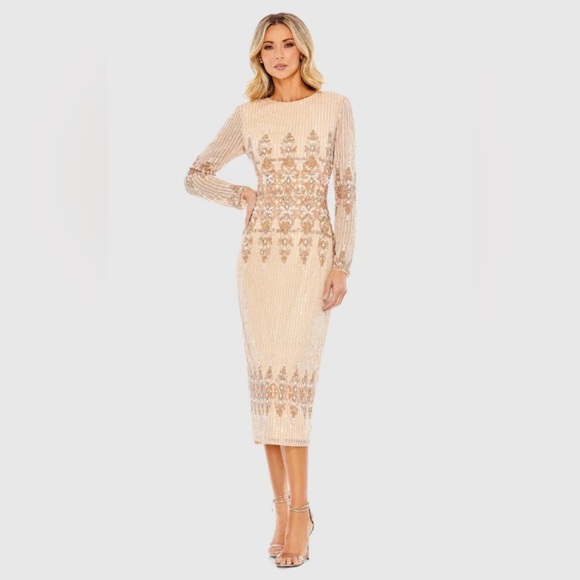 Mac Duggal 5576 Peach Embellished Long Sleeve High Neck Column Dress Size 10 - Picture 1 of 17